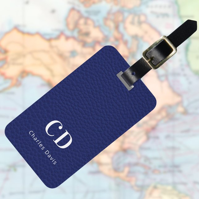 Navy blue leather white monogram name luggage tag (Creator Uploaded)