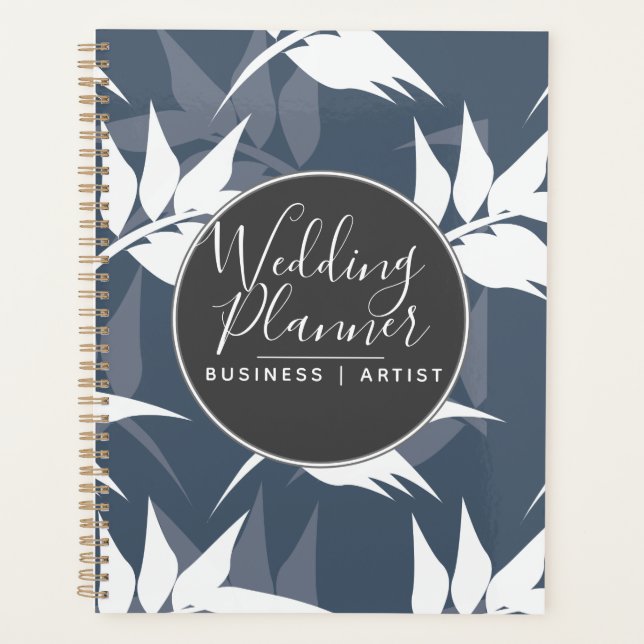 Navy Blue Leaves Floral Silohuette Wedding Planner (Front)