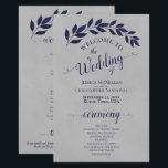 Navy Blue Leaves on Grey Budget Wedding Program<br><div class="desc">These wedding programs are elegant and tasteful, while still being budget friendly. The hand painted watercolor design features a sprig of deep navy blue leaves on a marbled grey background. The typography features lacy script calligraphy, and there is room for details on the ceremony, the bridal party, and a short...</div>