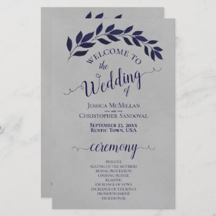 Navy Blue Leaves on Grey Budget Wedding Program