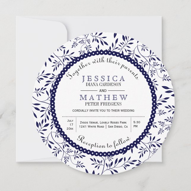 Navy blue leaves pattern modern floral wedding invitation (Front)