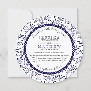 Navy blue leaves pattern modern floral wedding invitation