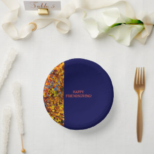 Navy Blue & Leaves Thanksgiving Friendsgiving Paper Plate