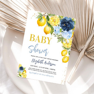 Navy Blue Lemon Citrus Floral Baby Shower Invite