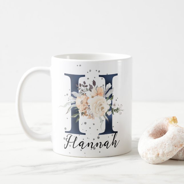 Navy Blue Letter H Peach Cream Floral Monogram  Coffee Mug (With Donut)