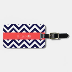 Navy Blue Lg Chevron Coral Red Name Monogram Luggage Tag