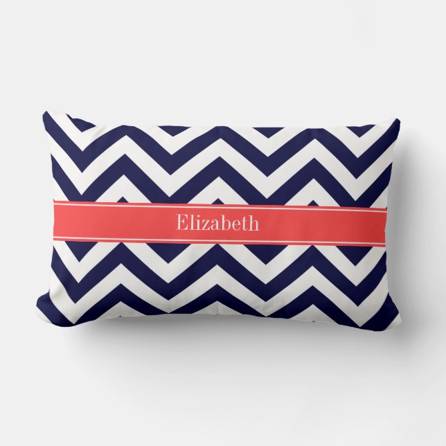 Navy Blue Lg Chevron Coral Red Name Monogram Lumbar Cushion (Front)
