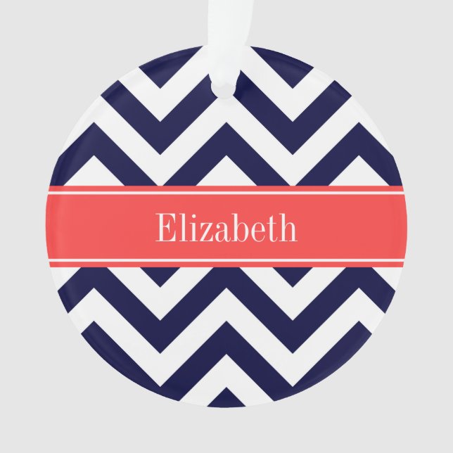 Navy Blue Lg Chevron Coral Red Name Monogram Ornament (Front)