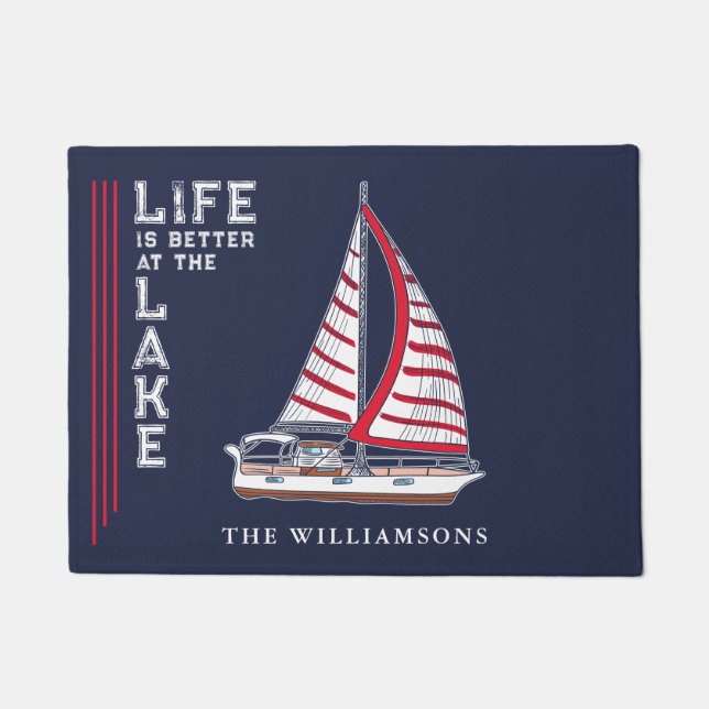 Navy Blue Life is Better at the Lake Nautical Boat Doormat (Front)