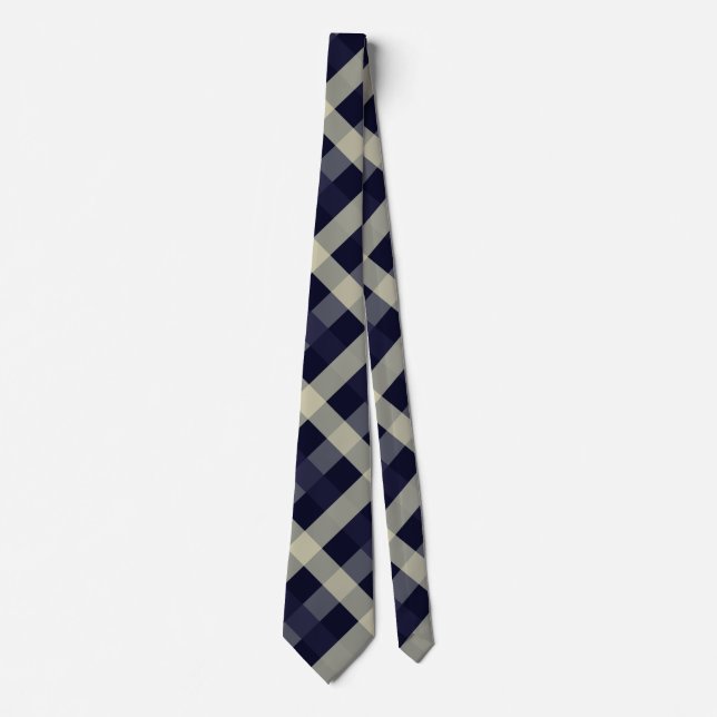Navy Blue, Light Beige, Charcoal Diagonal Gingham Tie (Front)