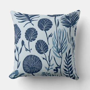 Navy Blue Light Blue Botanical Floral Print Cushion