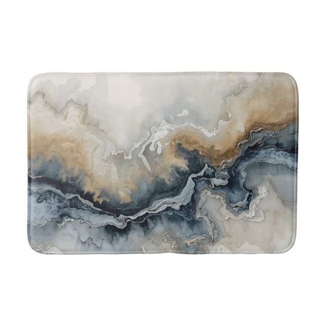 Navy Blue Light Blue Brown Grey Modern Abstract Bath Mat (Front)
