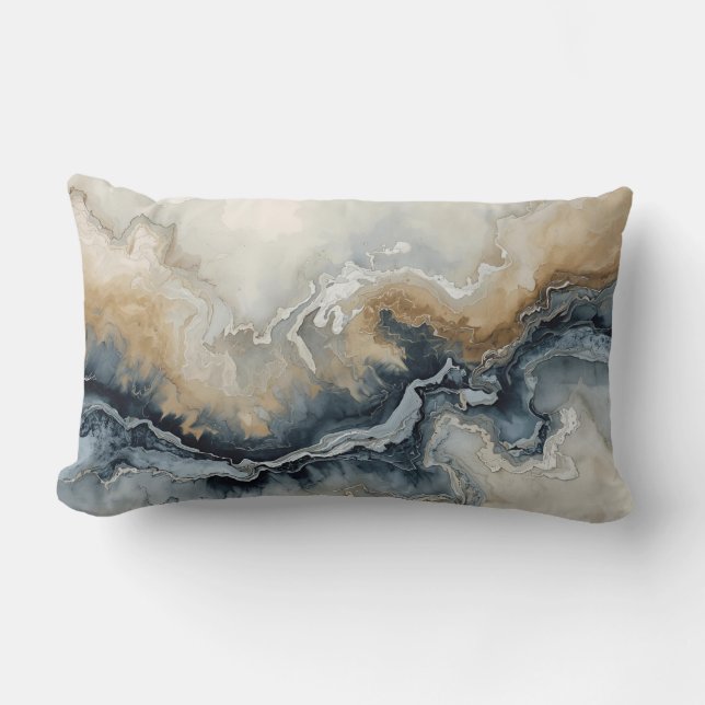 Navy Blue Light Blue Brown Grey Modern Abstract Lumbar Cushion (Front)