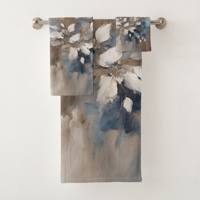 Navy Blue Light Blue Brown Modern Floral Bath Towel Set (Insitu)