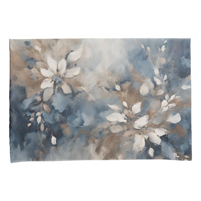 Navy Blue Light Blue Brown Modern Floral Pillowcase (Front-Right)