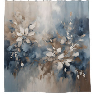 Navy Blue Light Blue Brown Modern Floral Shower Curtain