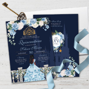 Navy Blue Light Blue Roses Princess Quinceañera Invitation