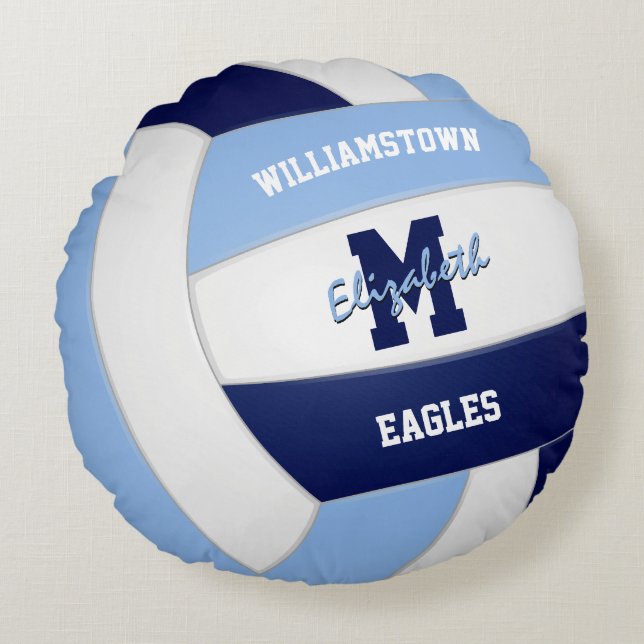 navy blue light blue volleyball team colours round cushion (Front)