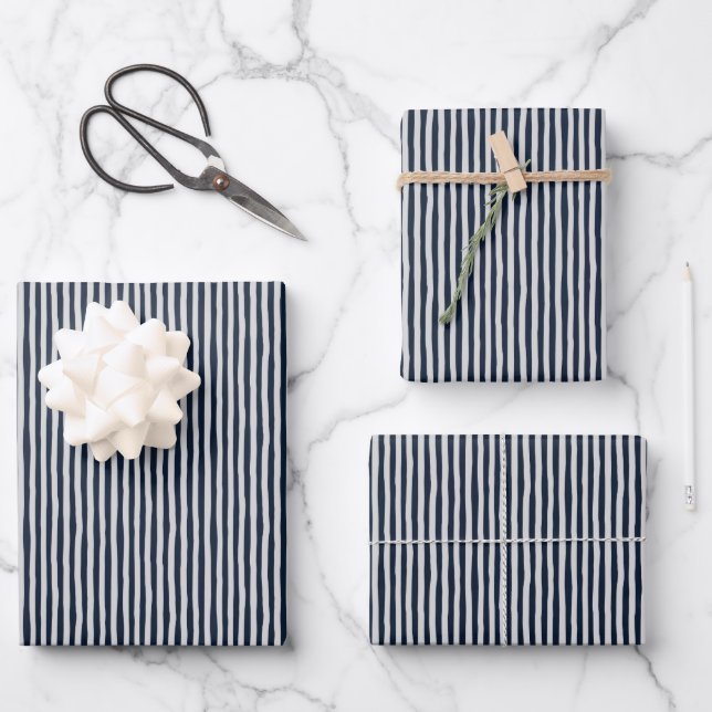 Navy Blue & Light Gray Wonky Stripes Wrapping Paper Sheet (Front)
