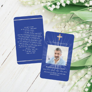 Navy blue light photo cross funeral prayer card