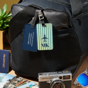 Navy Blue Lime Green Aeroplane Striped Monogrammed Luggage Tag
