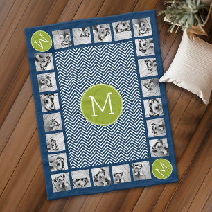 Navy Blue Lime Green Chevrons Custom Monogram Fleece Blanket