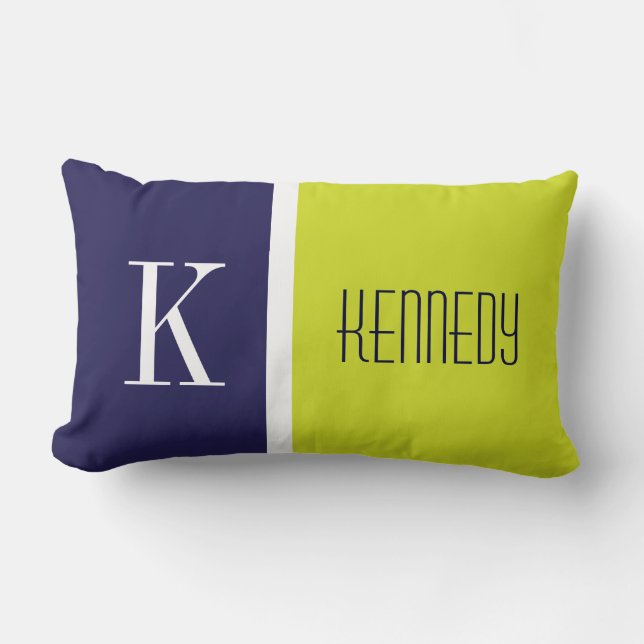 Navy Blue Lime Green Colour Block Stripe Monogram Lumbar Cushion (Front)