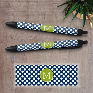 Navy Blue & Lime Green Polka Dots Custom Monogram Black Ink Pen
