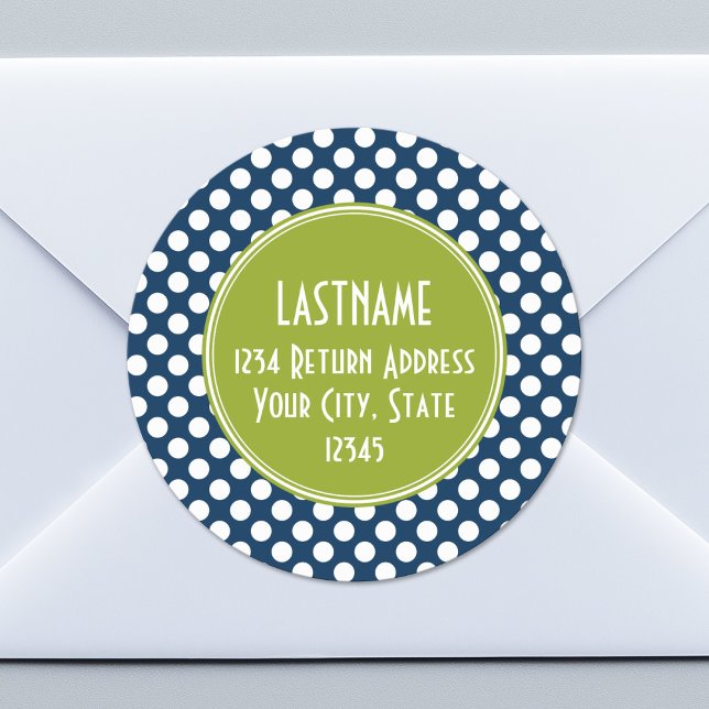 Navy Blue & Lime Green Polka Dots Custom Monogram Classic Round Sticker (Custom Sticker for Party Favors or Envelopes)