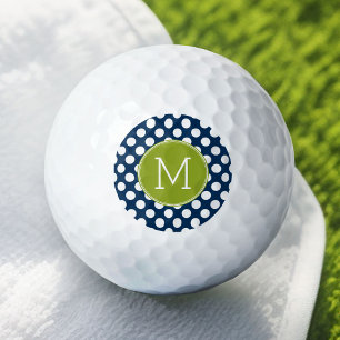 Navy Blue & Lime Green Polka Dots Custom Monogram Golf Balls