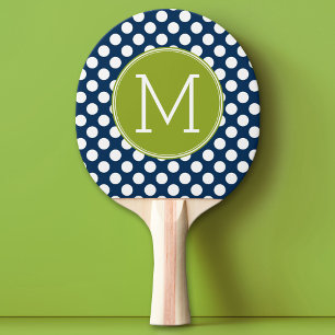 Navy Blue & Lime Green Polka Dots Custom Monogram Ping Pong Paddle