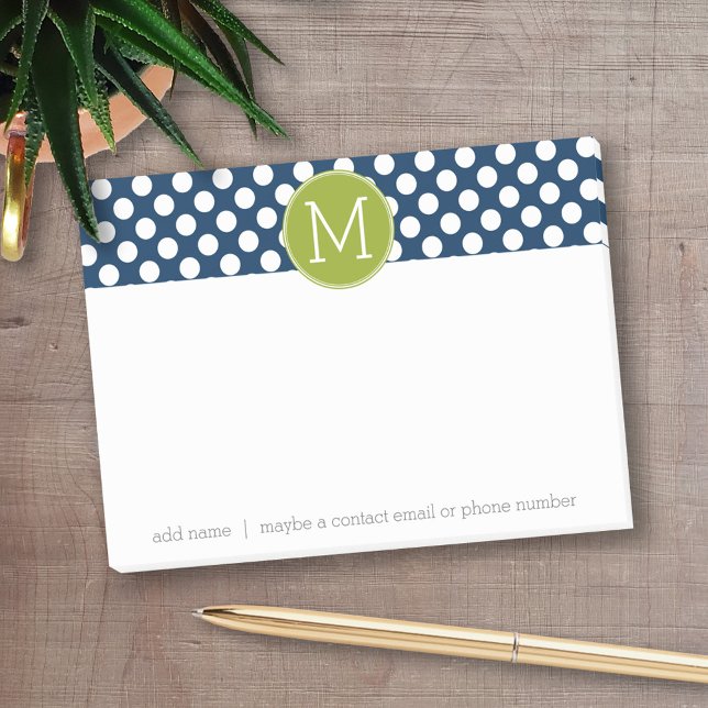 Navy Blue & Lime Green Polka Dots Custom Monogram Post-it Notes (Personalized post-it notes with an area to add your name or other text)