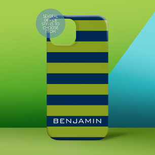 Navy Blue Lime Green Rugby Stripes Custom Name iPhone 15 Case