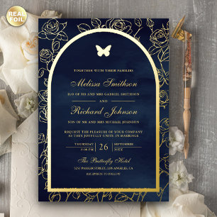 Navy Blue Line Art Arch Butterfly Wedding Gold