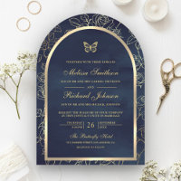 Navy Blue Line Art Gold Arch Butterfly Wedding