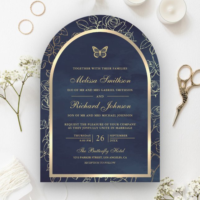 Navy Blue Line Art Gold Arch Butterfly Wedding Invitation (Creator Uploaded)