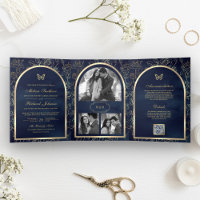 Navy Blue Line Art Gold Arch Butterfly Wedding