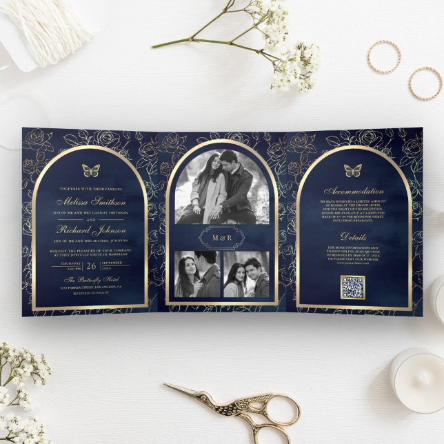 Navy Blue Line Art Gold Arch Butterfly Wedding Tri-Fold Invitation (Creator Uploaded)