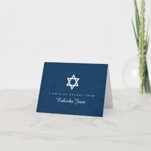 Navy Blue Linen Pattern Star of David Bat Mitzvah Thank You Card