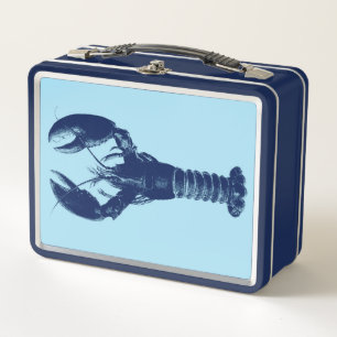 Navy Blue Lobster on Light Blue Metal Lunch Box