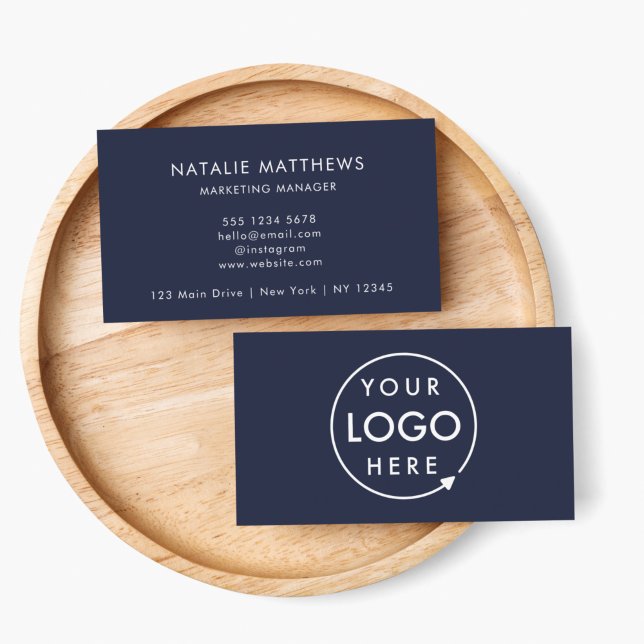 Navy Blue Logo | Minimalist Professional Corporate Business Card (Create a professional look with this horizontal navy blue business card design with your logo.)