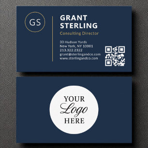 Navy Blue Logo Minimalist Professional QR Code  Business Card