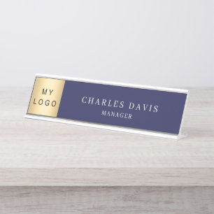 Navy blue logo office desk name plate