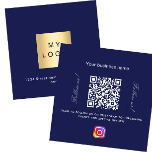 Navy blue logo QR code Instagram follow us Square Business Card