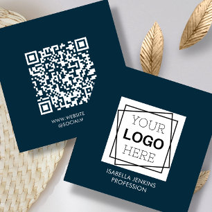 Navy Blue   Logo   QR Code  Square Business Card