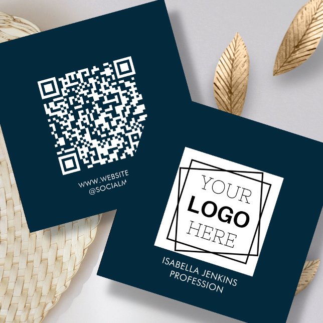 Navy Blue | Logo | QR Code  Square Business Card (Creator Uploaded)