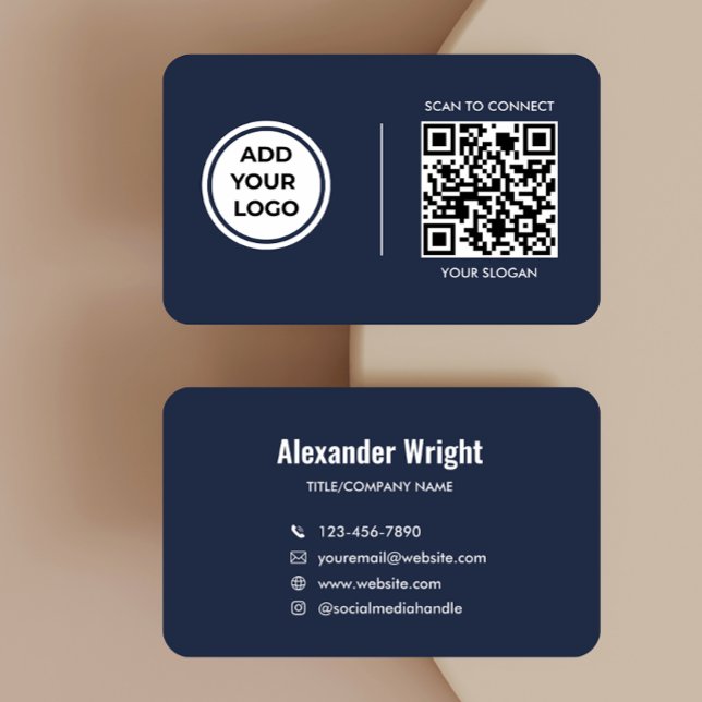 Navy Blue Logo Scan Code Contact Business Card  (Creator Uploaded)