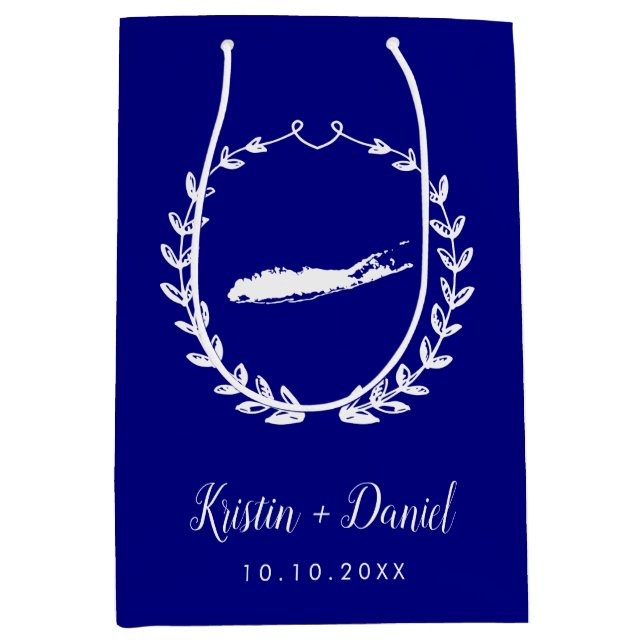 Navy Blue Long Island NY Map Wedding Welcome Swag Medium Gift Bag (Front)