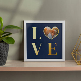 Navy Blue Love Heart-Shaped Photo Romantic Gold Foil Prints