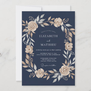 Navy Blue Luminous Botanical Wedding Invitation